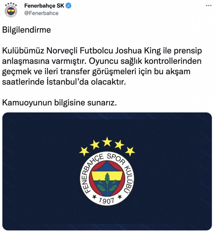 Fenerbahçe, Joshua King'i duyurdu