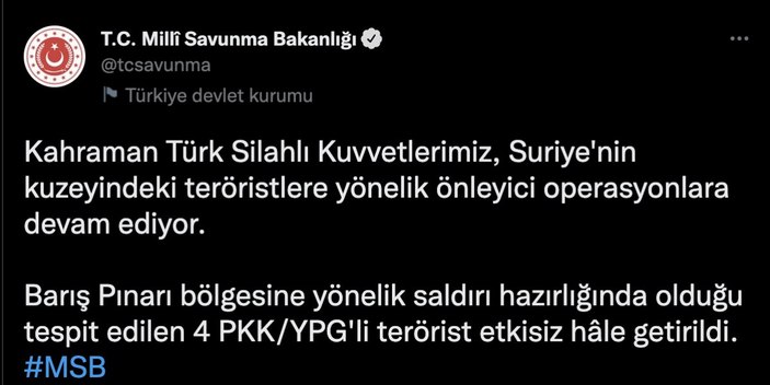 MSB: Barış Pınarı bölgesine 4 terörist yakalandı