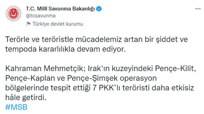 MSB: 7 PKK’lı terörist etkisiz hale getirildi