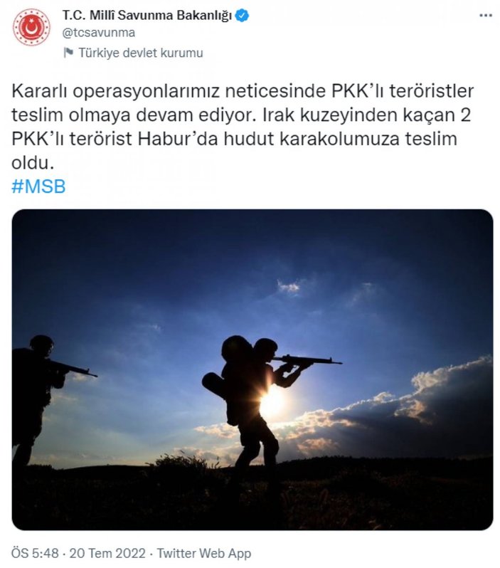 MSB: 2 PKK'lı terörist hudut karakolumuza teslim oldu