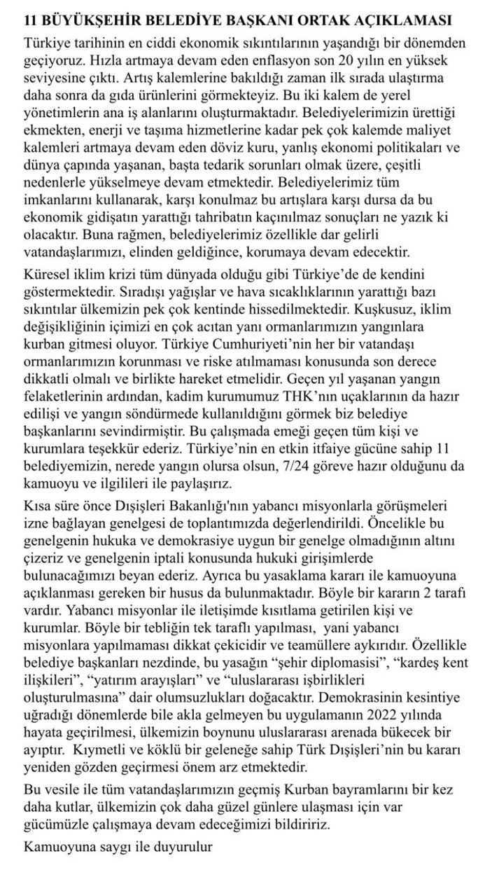 CHP'li 11 büyükşehir belediyesinden yeni bildiri