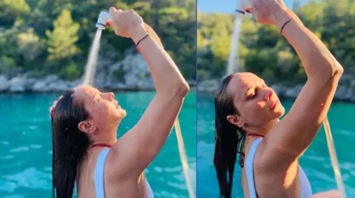 Poyraz Karayel'in Ayşegül'ü mayosuyla nefes kesti! Deniz sonrası duş aldı, ıslak ıslak...