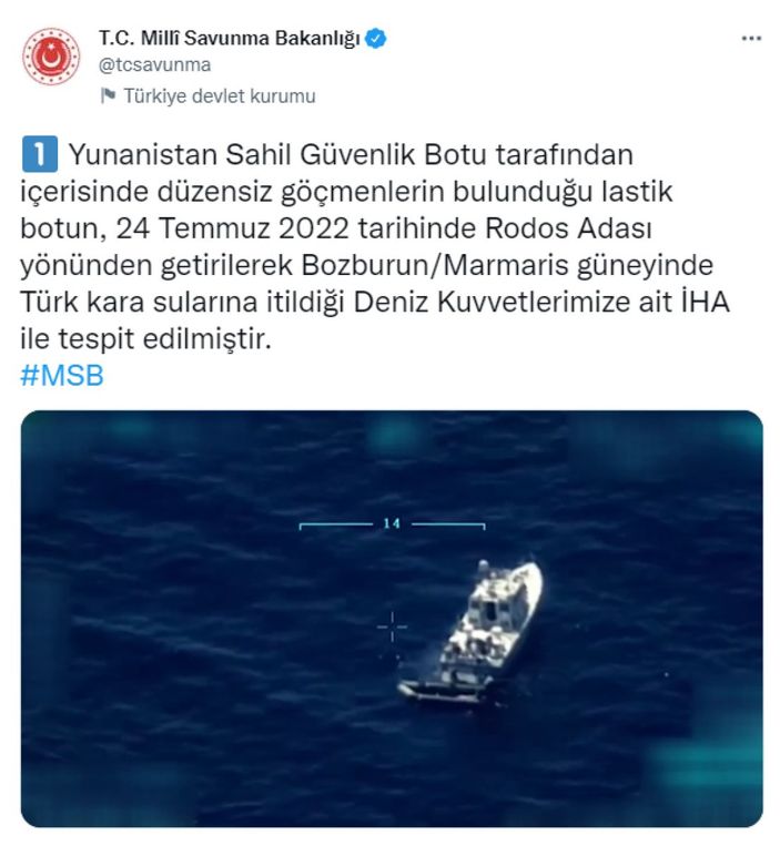 MSB: Düzensiz göçmenlerin bulunduğu lastik bot İHA ile tespit edilmiştir