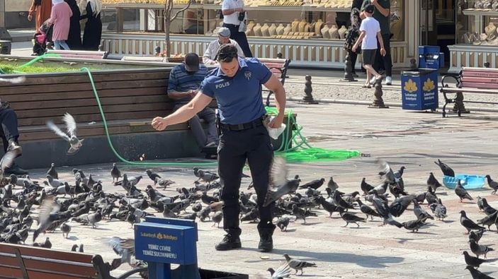 i İstanbul'da bir polis memuru, güvercinleri ekmek kırıntıları ile besliyor