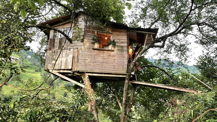 Rize'de 20 metre yüksekte kendine ağaç ev yaptı