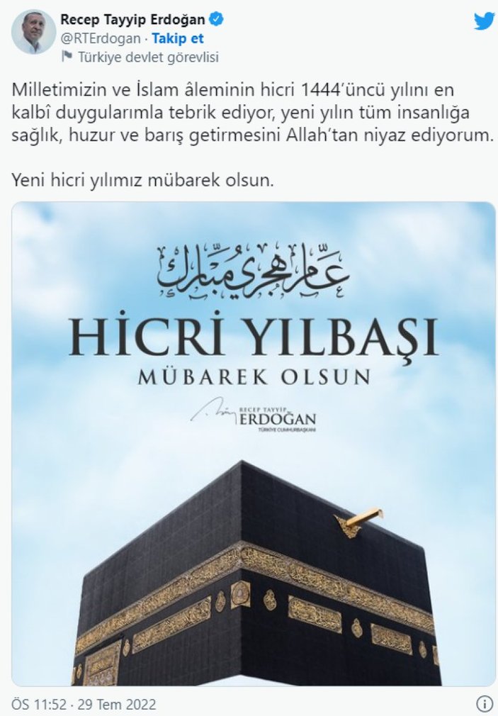 Cumhurbaşkanı Erdoğan, İslam aleminin yeni hicri yılını tebrik etti