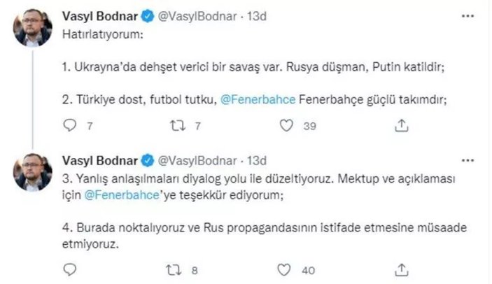 Ukrayna Büyükelçisi Vasyl Bodnar'dan Fenerbahçe'ye teşekkür