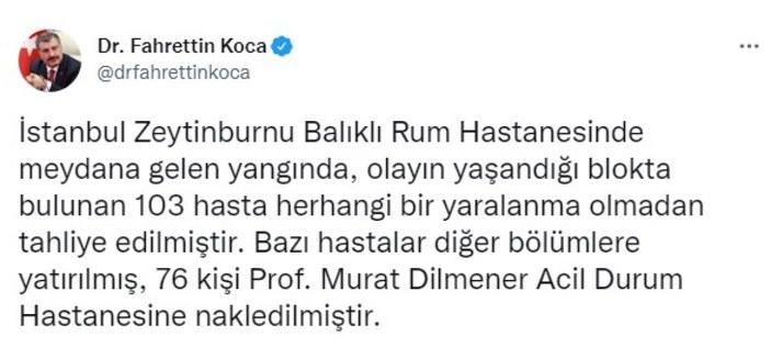 Fahrettin Koca'dan Balıklı Rum Hastanesi'ndeki yangına ilişkin açıklama