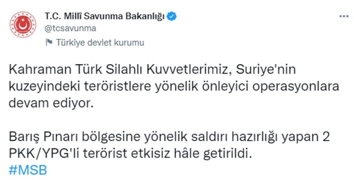 Saldırı hazırlığındaki 2 PKK/YPG'li terörist etkisiz hale getirildi