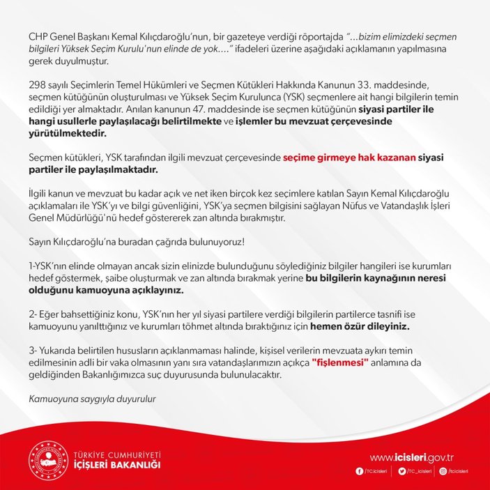 İçişleri Bakanlığı'ndan Kılıçdaroğlu'na YSK verileri çağrısı