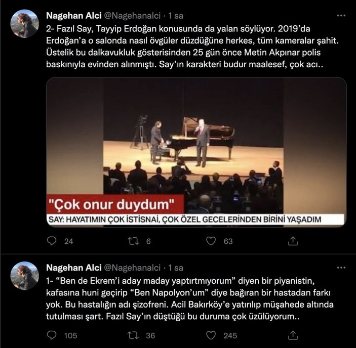 Nagehan Alçı'dan Fazıl Say'a: Acil Bakırköy’e yatırılıp müşahede altında tutulmalı