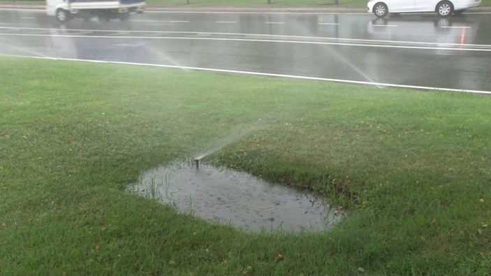 İBB, yağan yağmurun altında çim suladı