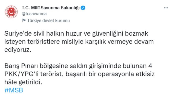 Barış Pınarı bölgesinde 4 terörist öldürüldü