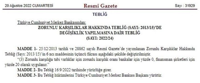 'Zorunlu Karşılıklar Hakkında Tebliğ'de düzenleme kararı Resmi Gazete'de