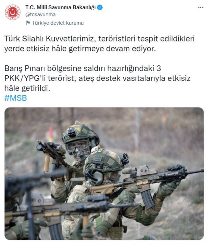 MSB: Barış Pınarı bölgesinde 3 PKK/YPG'li terörist öldürüldü