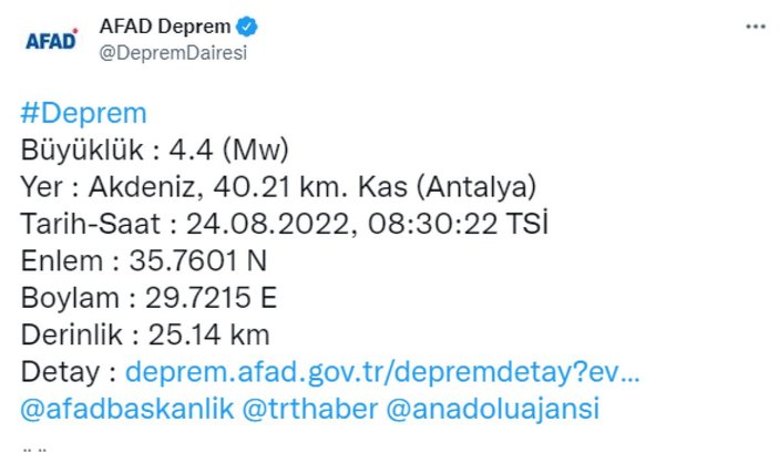 Antalya Kaş'ta 4.4 büyüklüğünde deprem