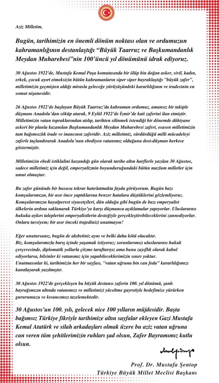 Mustafa Şentop'tan Yunanistan'a: Bir asır önceki trajedinizi unutmayın