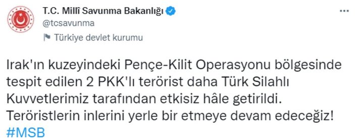 Irak'ın kuzeyinde 2 terörist öldürüldü