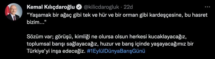 Kemal Kılıçdaroğlu'ndan Dünya Barış Günü paylaşımı