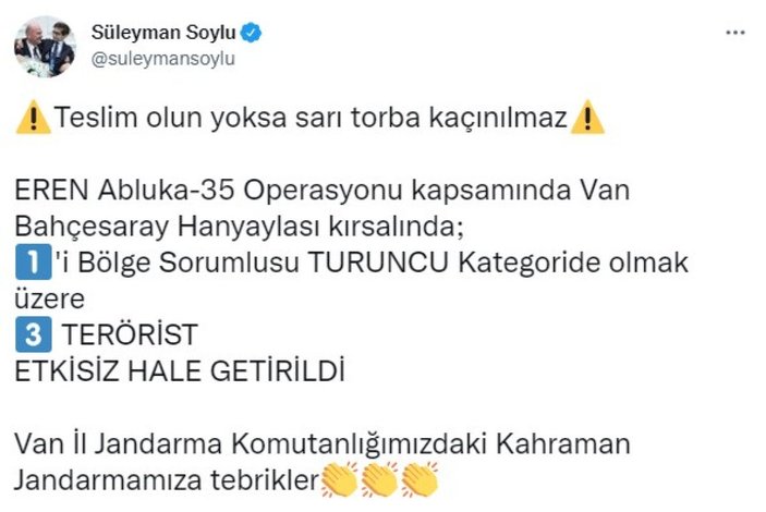 Süleyman Soylu: Biri turuncu kategoride aranan 3 terörist öldürüldü