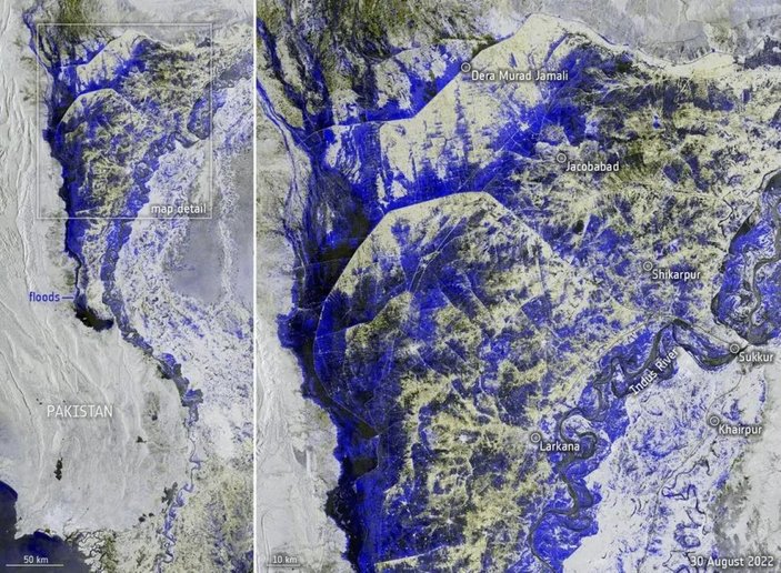 Sular altında kalan Pakistan, uydudan görüntülendi