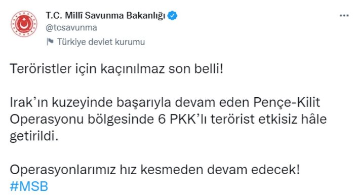 Pençe Kilit Operasyonu'nda 6 terörist öldürüldü