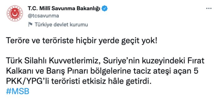 Fırat Kalkanı ve Barış Pınarı bölgelerinde 5 terörist öldürüldü