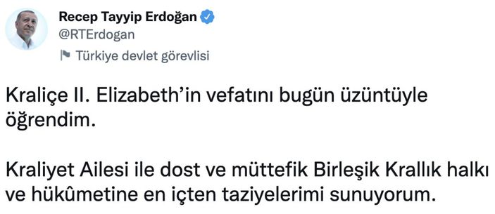 Cumhurbaşkanı Erdoğan'dan Kraliçe II. Elizabeth için taziye mesajı