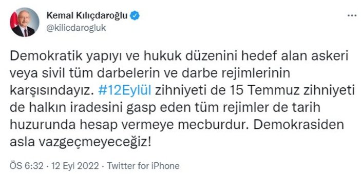 Kemal Kılıçdaroğlu'ndan 12 Eylül mesajı