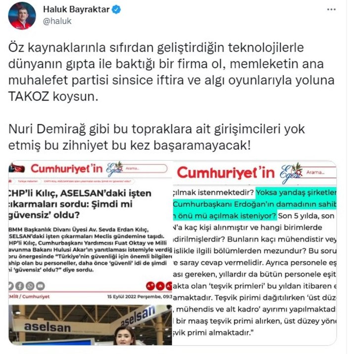 Selçuk Bayraktar ve Haluk Bayraktar’dan CHP’ye ‘ASELSAN’ tepkisi