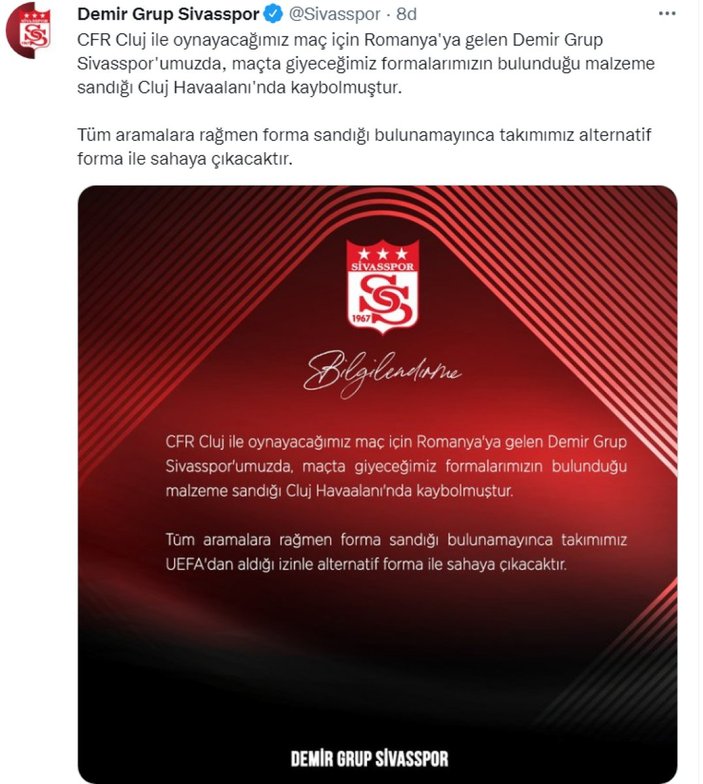 Sivasspor'dan kayıp forma açıklaması