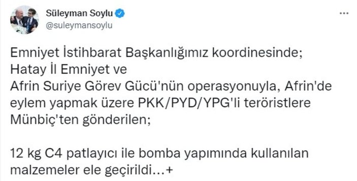Süleyman Soylu: Afrin'de 12 kilogram C4 patlayıcı ele geçirildi