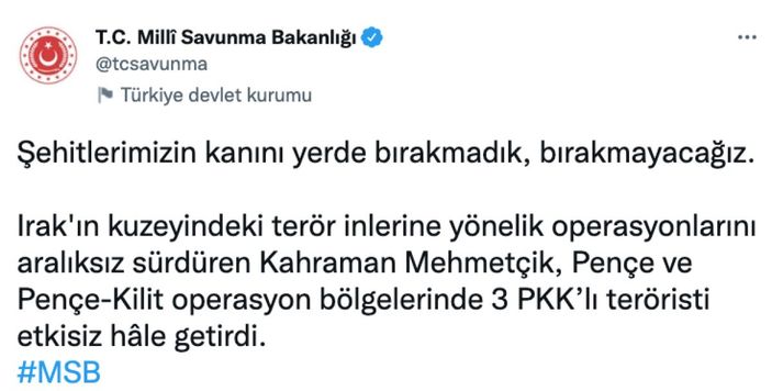 Pençe operasyon bölgelerinde 3 terörist leş edildi