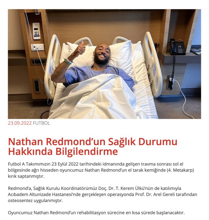 Beşiktaş'ta Nathan Redmond ameliyat oldu