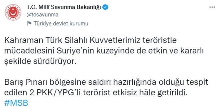 Barış Pınarı bölgesinde saldırı hazırlığındaki 2 terörist öldürüldü
