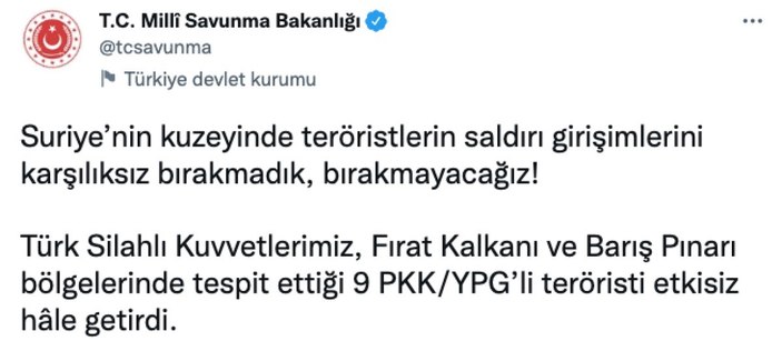 Fırat Kalkanı ve Barış Pınarı bölgelerinde 9 terörist öldürüldü