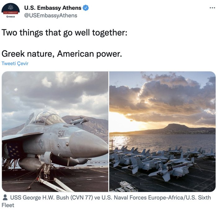Yunanistan'daki ABD elçiliğinden savaş uçaklarıyla paylaşım