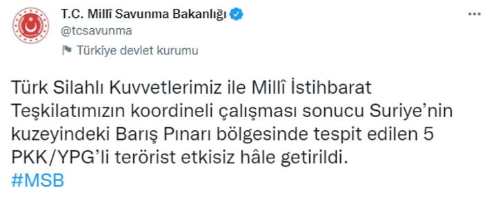 Barış Pınarı bölgesinde 5 terörist öldürüldü