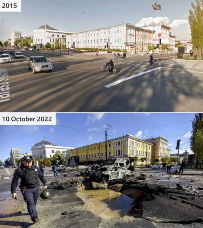 Kiev'de bombalanan noktanın öncesi ve sonrası görüntüsü ortaya çıktı
