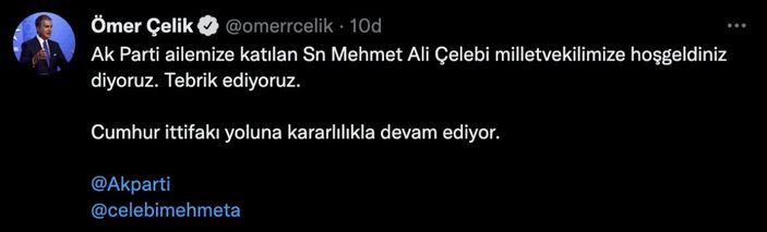 Ömer Çelik'ten Mehmet Ali Çelebi için hoş geldin paylaşımı
