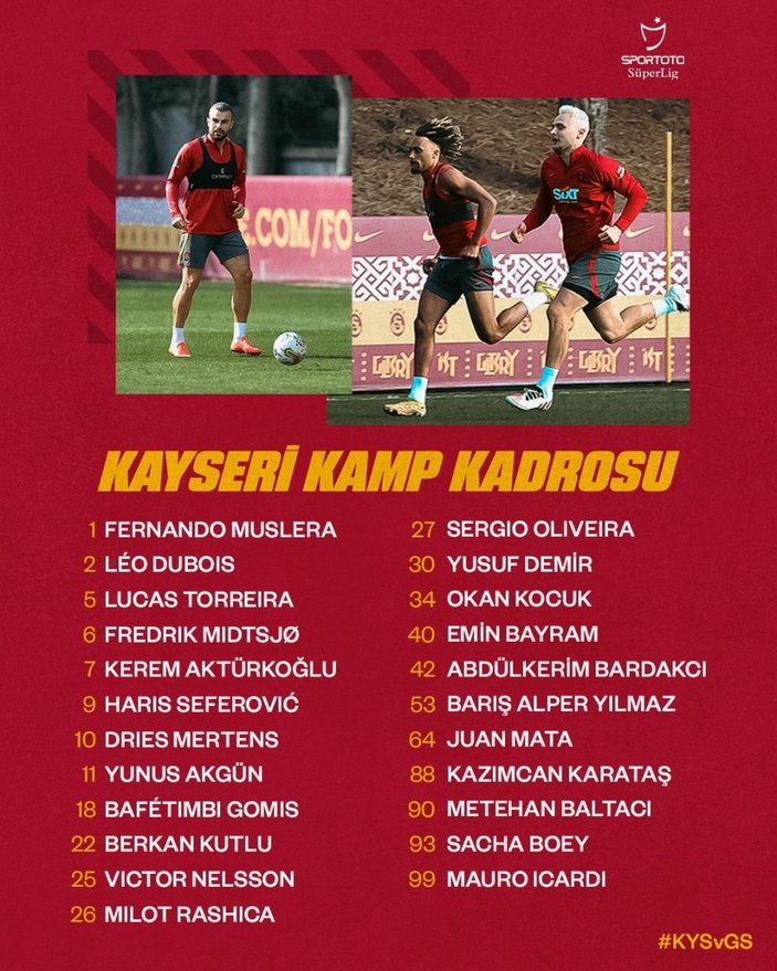 Galatasaray'ın Kayserispor maç kadrosu açıklandı