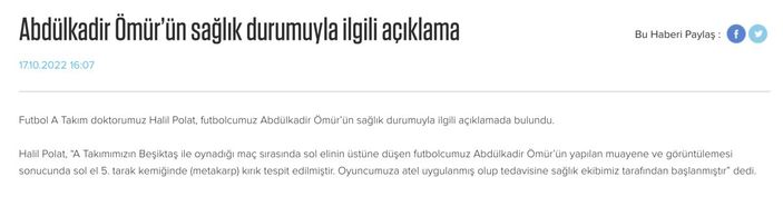 Abdülkadir Ömür'ün elinde kırık oluştu