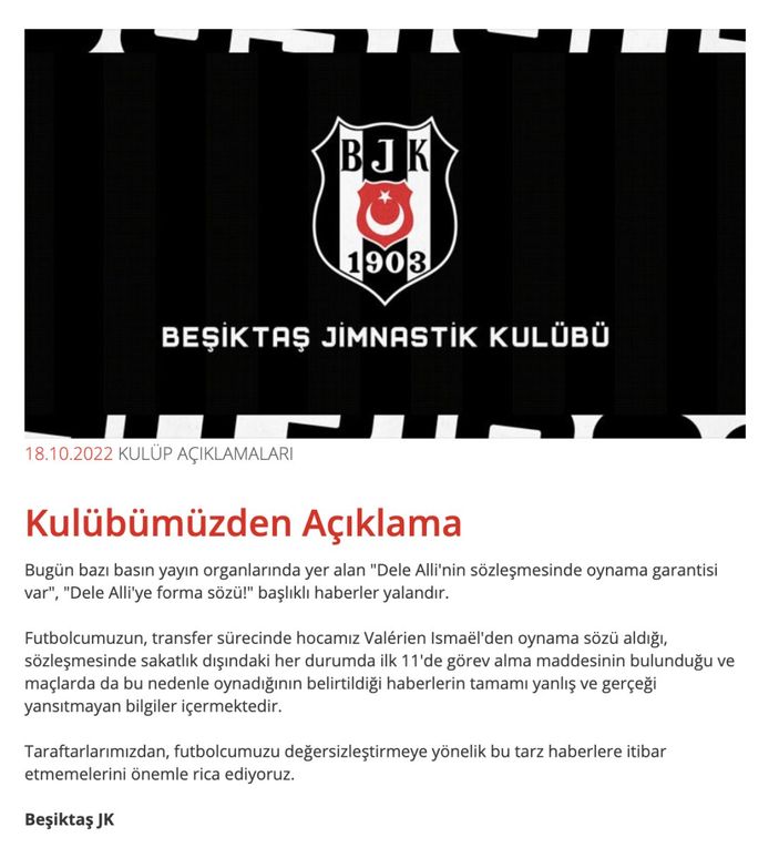 Beşiktaş'tan Dele Alli açıklaması