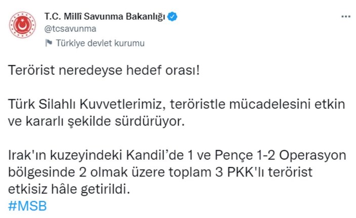 Irak'ın kuzeyinde 3 terörist öldürüldü