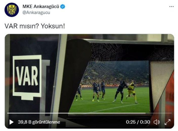 Ankaragücü'nden Fenerbahçe maçı sonrası VAR tepkisi