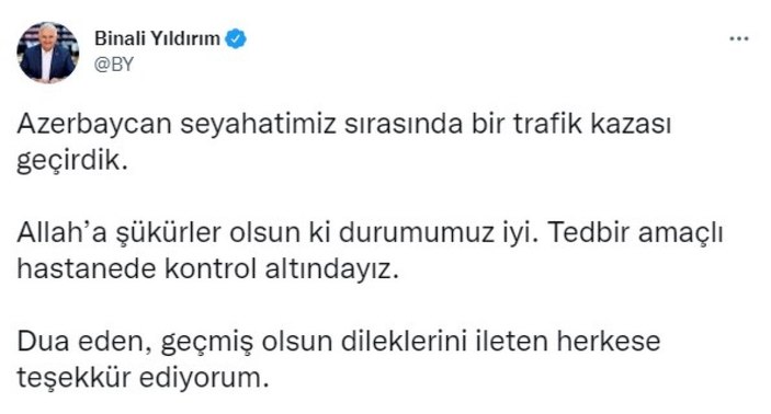 Binali Yıldırım, Azerbaycan'da trafik kazası geçirdi