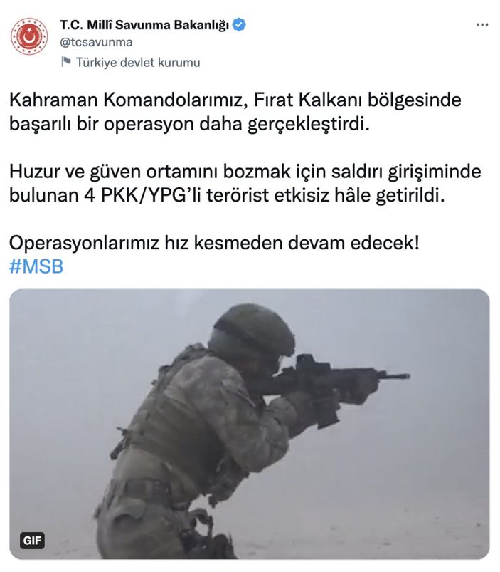 MSB: Fırat Kalkanı bölgesinde 4 PKK/YPG’li terörist öldürüldü