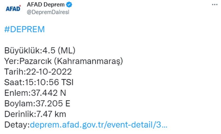 Kahramanmaraş'ta 4.5 şiddetinde deprem