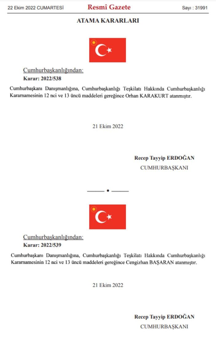 Cumhurbaşkanı Danışmanlığına atamalar