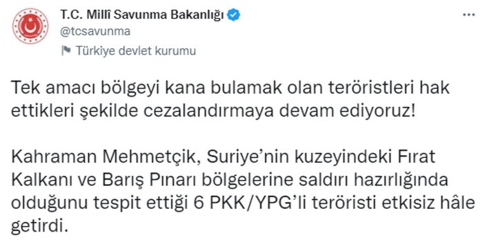 Suriye'nin kuzeyinde 6 terörist öldürüldü
